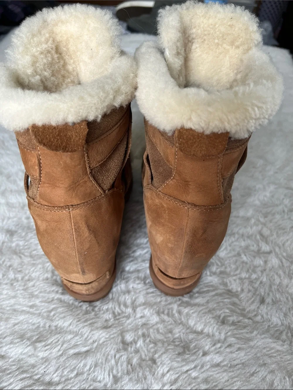 Sorel light brown leather and Gray wool Shearling lined Winter Boots size 10